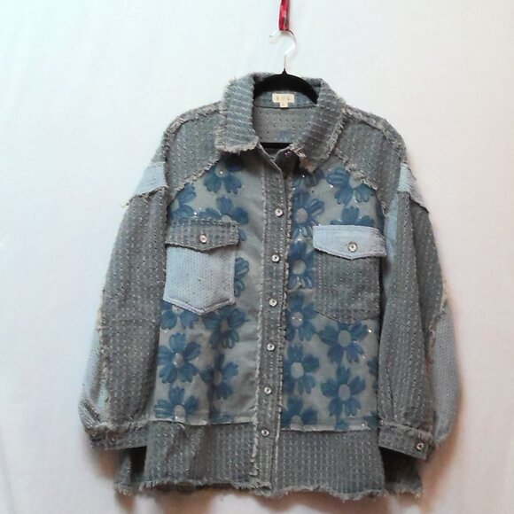POL Textured Flower and Knit Jacket in Denim NWOT LG - Picture 6 of 7